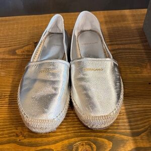 Salvatore Ferragamo Metallic Silver Leather Espadrilles